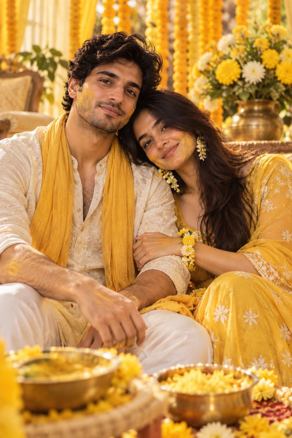 Keshav and Vrinda in yellow at their Haldi, bowls of turmeric and marigolds before them