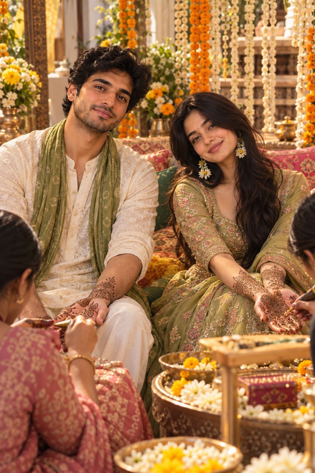 Keshav and Vrinda in green at their Mehendi as henna is applied to her hands