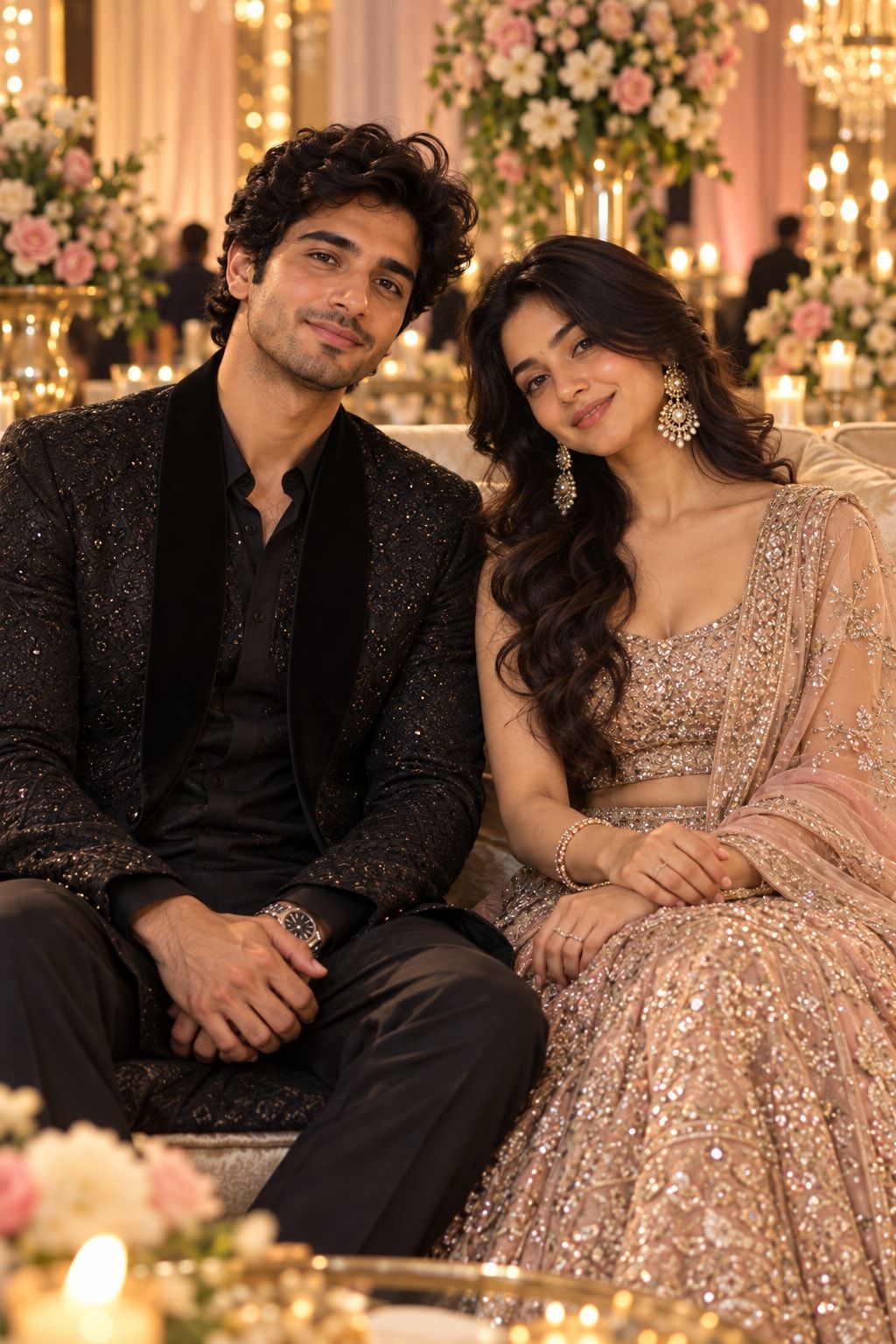 Keshav and Vrinda in evening wear at their reception among candles and flowers