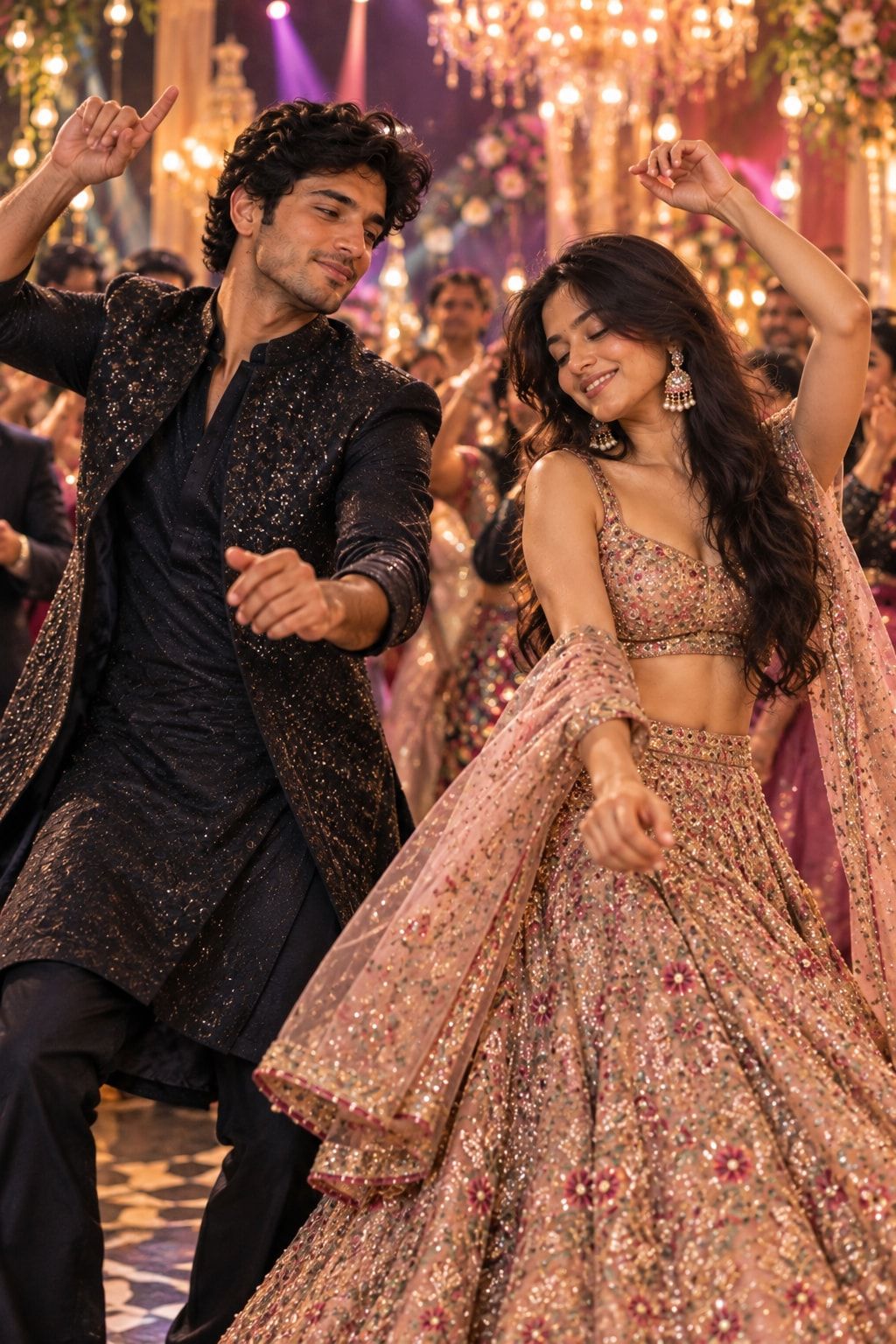 Keshav and Vrinda dancing at their Sangeet under chandeliers