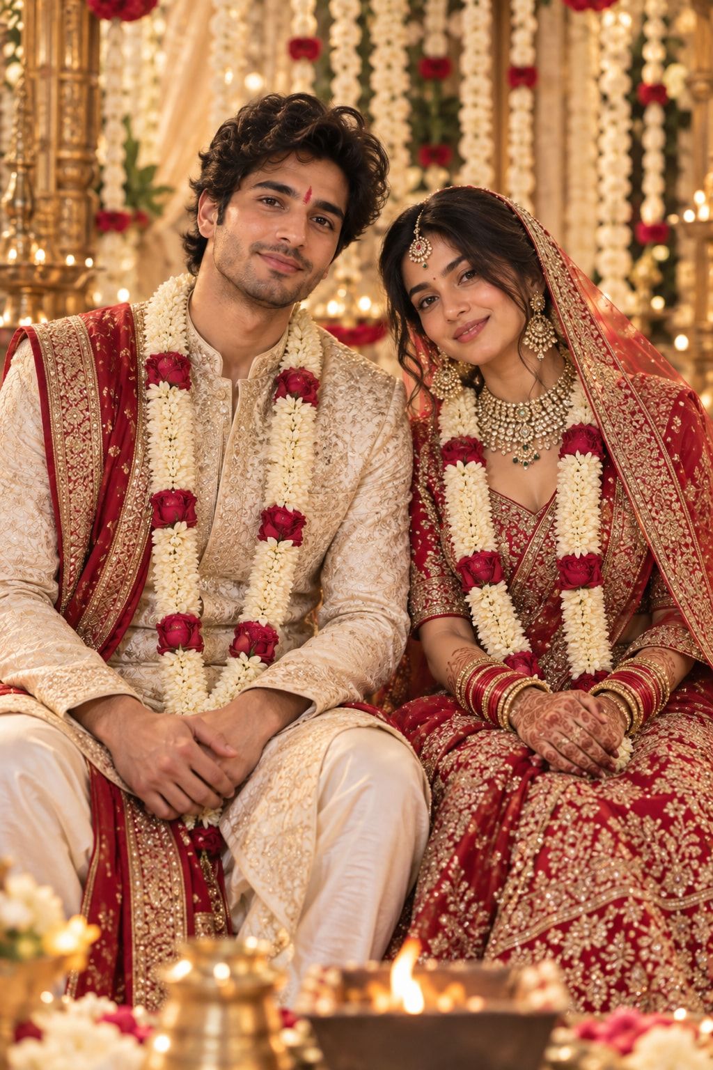 Keshav and Vrinda in bridal red and ivory, wearing varmalas, seated before the sacred fire