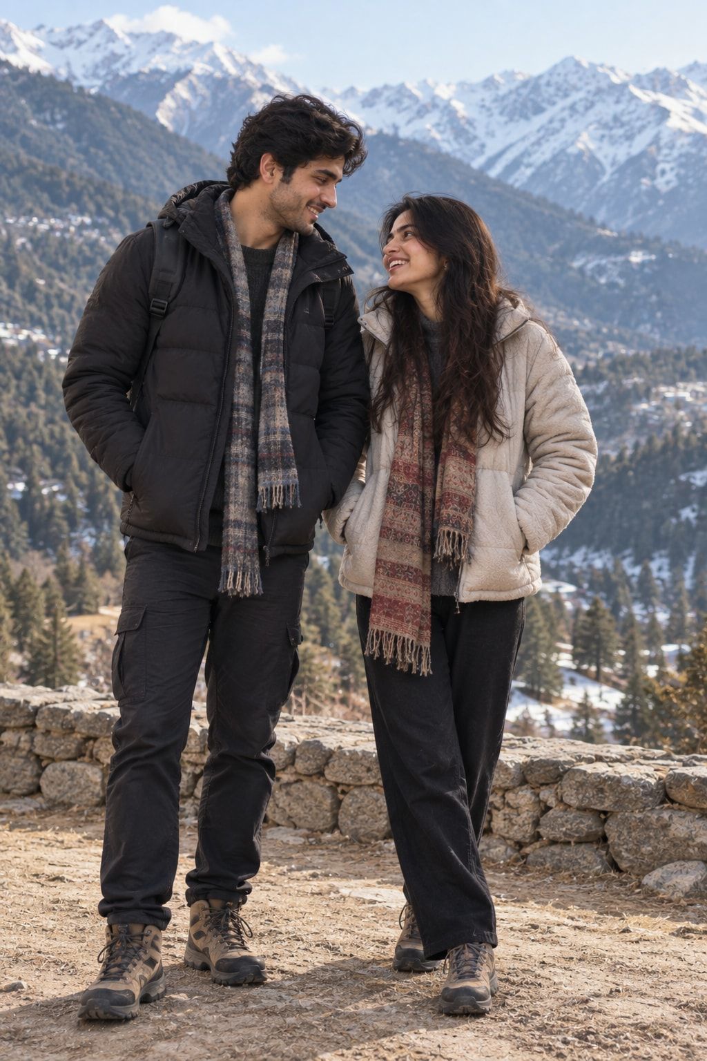 Keshav and Vrinda smiling at each other against snow-capped mountains
