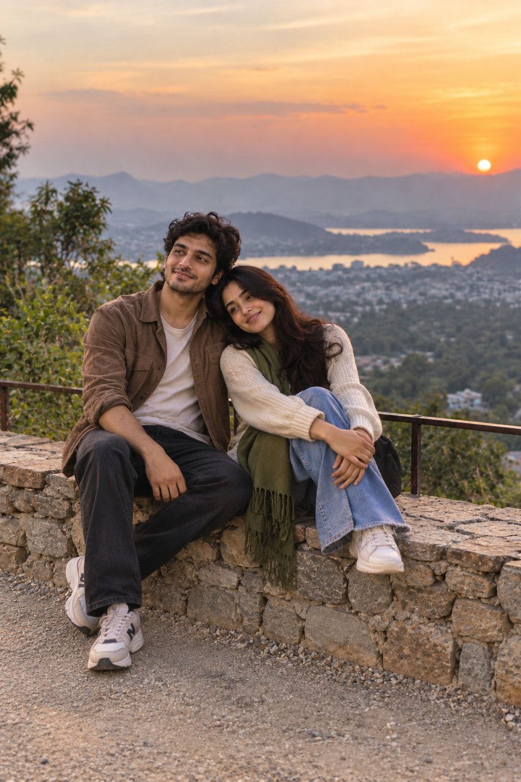 Keshav and Vrinda sitting together on a stone wall at sunset, overlooking a lake